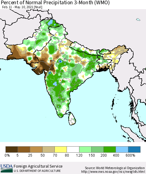 Southern Asia Percent of Normal Precipitation 3-Month (WMO) Thematic Map For 2/11/2021 - 5/10/2021