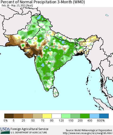 Southern Asia Percent of Normal Precipitation 3-Month (WMO) Thematic Map For 2/16/2021 - 5/15/2021