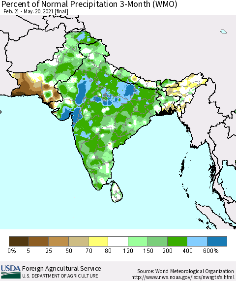 Southern Asia Percent of Normal Precipitation 3-Month (WMO) Thematic Map For 2/21/2021 - 5/20/2021