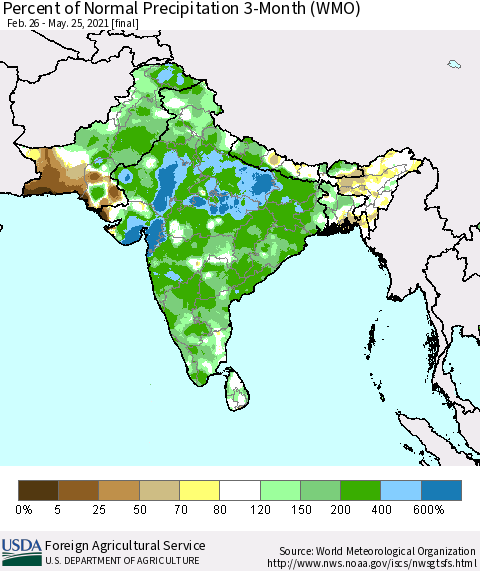 Southern Asia Percent of Normal Precipitation 3-Month (WMO) Thematic Map For 2/26/2021 - 5/25/2021