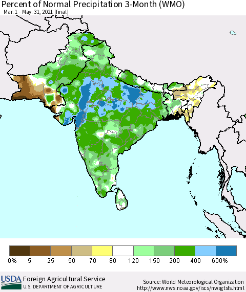 Southern Asia Percent of Normal Precipitation 3-Month (WMO) Thematic Map For 3/1/2021 - 5/31/2021