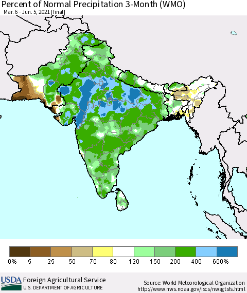Southern Asia Percent of Normal Precipitation 3-Month (WMO) Thematic Map For 3/6/2021 - 6/5/2021