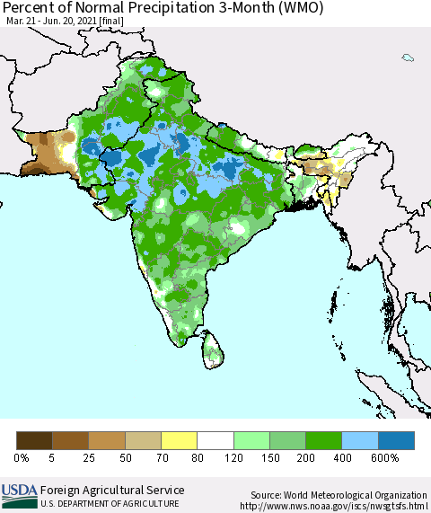 Southern Asia Percent of Normal Precipitation 3-Month (WMO) Thematic Map For 3/21/2021 - 6/20/2021