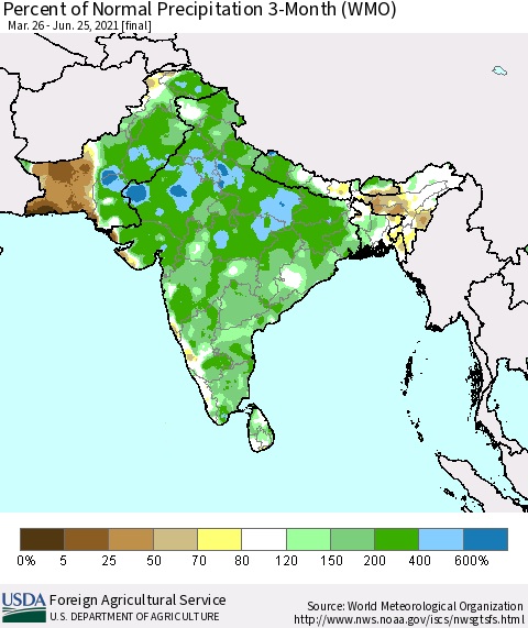 Southern Asia Percent of Normal Precipitation 3-Month (WMO) Thematic Map For 3/26/2021 - 6/25/2021