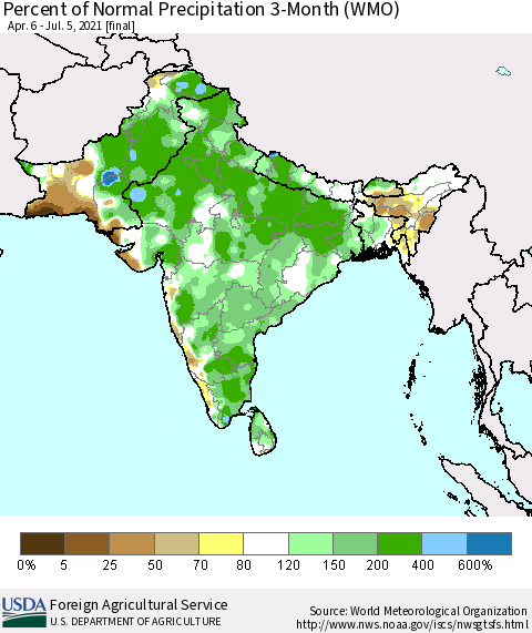 Southern Asia Percent of Normal Precipitation 3-Month (WMO) Thematic Map For 4/6/2021 - 7/5/2021