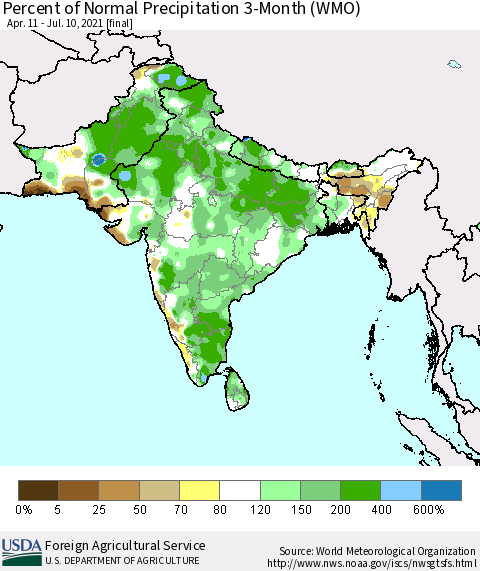 Southern Asia Percent of Normal Precipitation 3-Month (WMO) Thematic Map For 4/11/2021 - 7/10/2021