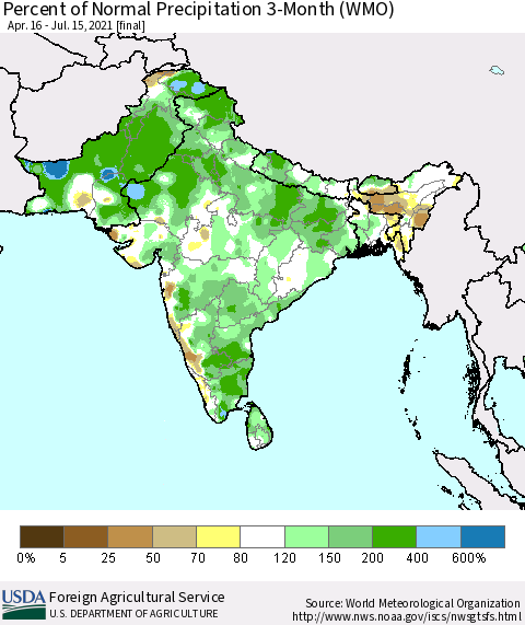 Southern Asia Percent of Normal Precipitation 3-Month (WMO) Thematic Map For 4/16/2021 - 7/15/2021