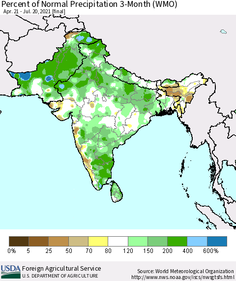 Southern Asia Percent of Normal Precipitation 3-Month (WMO) Thematic Map For 4/21/2021 - 7/20/2021