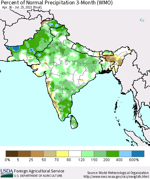 Southern Asia Percent of Normal Precipitation 3-Month (WMO) Thematic Map For 4/26/2021 - 7/25/2021