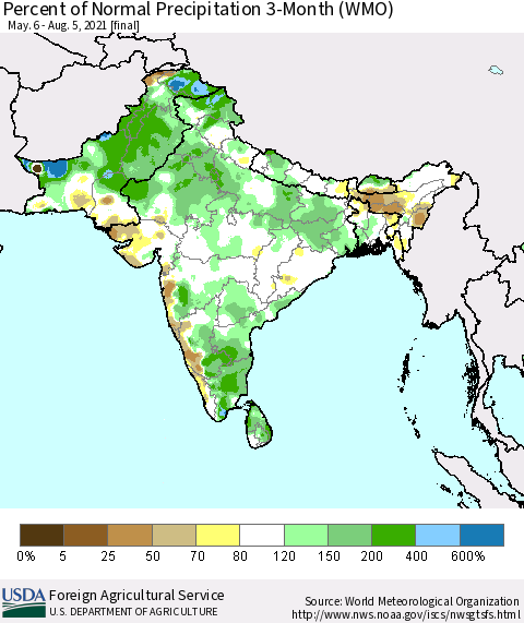 Southern Asia Percent of Normal Precipitation 3-Month (WMO) Thematic Map For 5/6/2021 - 8/5/2021