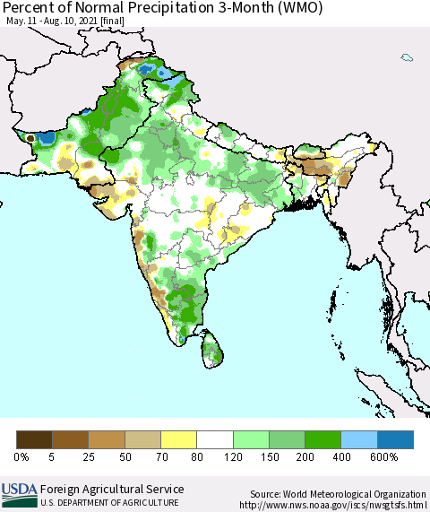 Southern Asia Percent of Normal Precipitation 3-Month (WMO) Thematic Map For 5/11/2021 - 8/10/2021