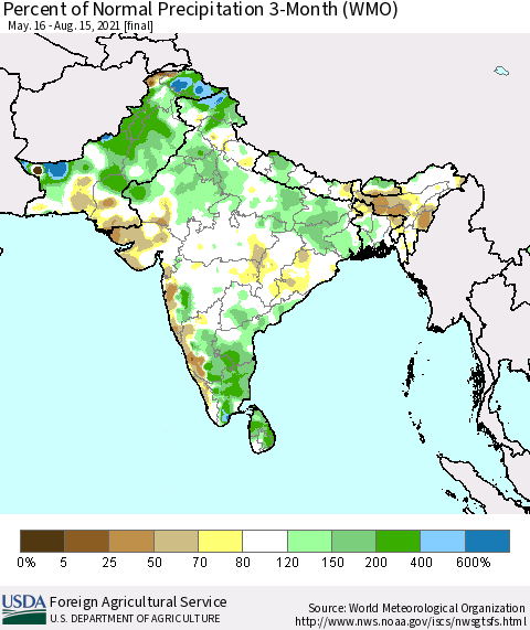 Southern Asia Percent of Normal Precipitation 3-Month (WMO) Thematic Map For 5/16/2021 - 8/15/2021