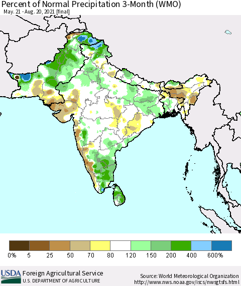 Southern Asia Percent of Normal Precipitation 3-Month (WMO) Thematic Map For 5/21/2021 - 8/20/2021