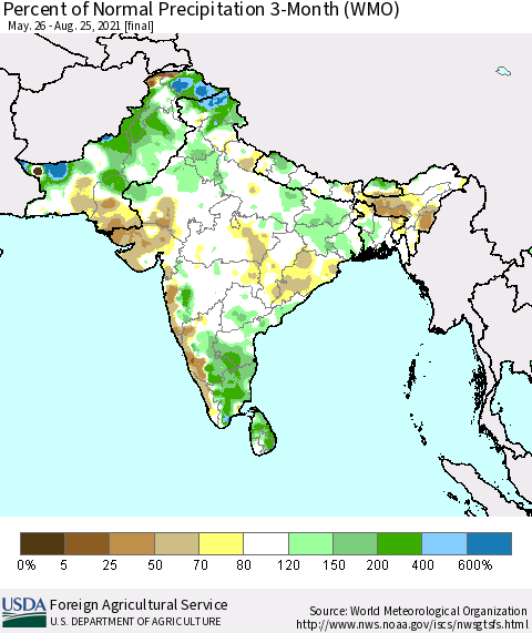 Southern Asia Percent of Normal Precipitation 3-Month (WMO) Thematic Map For 5/26/2021 - 8/25/2021