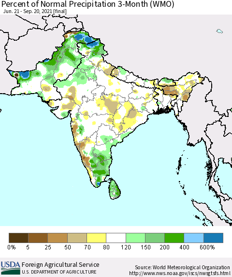 Southern Asia Percent of Normal Precipitation 3-Month (WMO) Thematic Map For 6/21/2021 - 9/20/2021