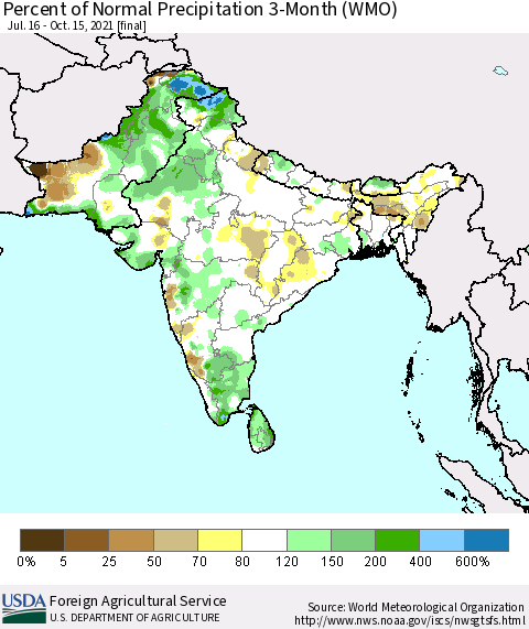 Southern Asia Percent of Normal Precipitation 3-Month (WMO) Thematic Map For 7/16/2021 - 10/15/2021
