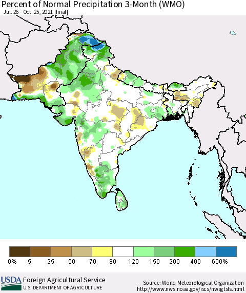 Southern Asia Percent of Normal Precipitation 3-Month (WMO) Thematic Map For 7/26/2021 - 10/25/2021