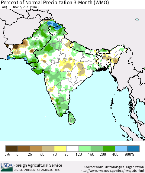 Southern Asia Percent of Normal Precipitation 3-Month (WMO) Thematic Map For 8/6/2021 - 11/5/2021