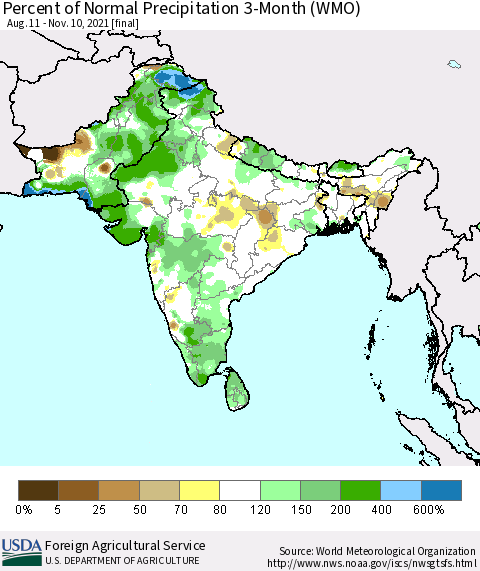 Southern Asia Percent of Normal Precipitation 3-Month (WMO) Thematic Map For 8/11/2021 - 11/10/2021