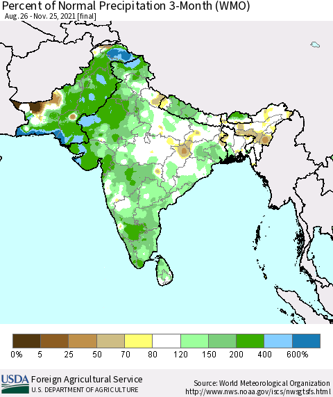 Southern Asia Percent of Normal Precipitation 3-Month (WMO) Thematic Map For 8/26/2021 - 11/25/2021