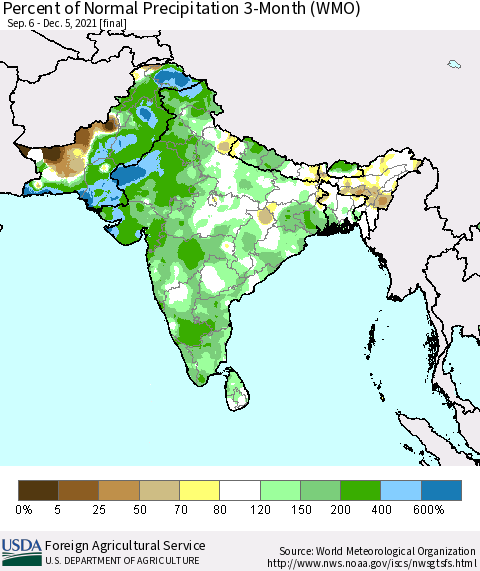 Southern Asia Percent of Normal Precipitation 3-Month (WMO) Thematic Map For 9/6/2021 - 12/5/2021
