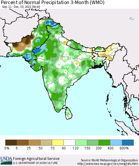 Southern Asia Percent of Normal Precipitation 3-Month (WMO) Thematic Map For 9/11/2021 - 12/10/2021