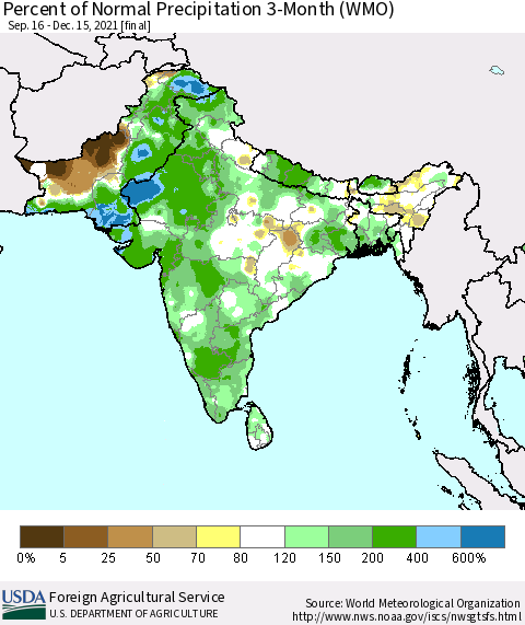 Southern Asia Percent of Normal Precipitation 3-Month (WMO) Thematic Map For 9/16/2021 - 12/15/2021