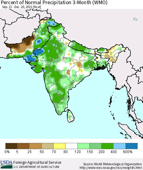 Southern Asia Percent of Normal Precipitation 3-Month (WMO) Thematic Map For 9/21/2021 - 12/20/2021