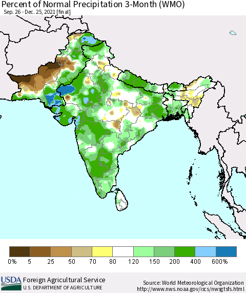Southern Asia Percent of Normal Precipitation 3-Month (WMO) Thematic Map For 9/26/2021 - 12/25/2021