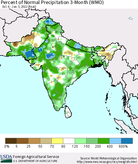 Southern Asia Percent of Normal Precipitation 3-Month (WMO) Thematic Map For 10/6/2021 - 1/5/2022