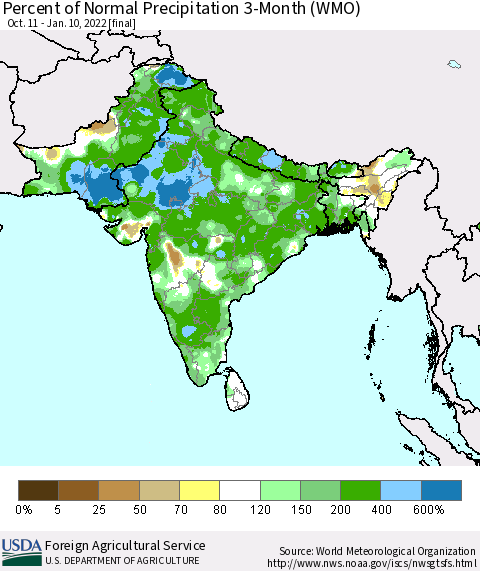Southern Asia Percent of Normal Precipitation 3-Month (WMO) Thematic Map For 10/11/2021 - 1/10/2022