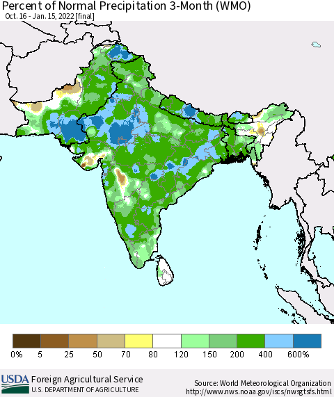 Southern Asia Percent of Normal Precipitation 3-Month (WMO) Thematic Map For 10/16/2021 - 1/15/2022
