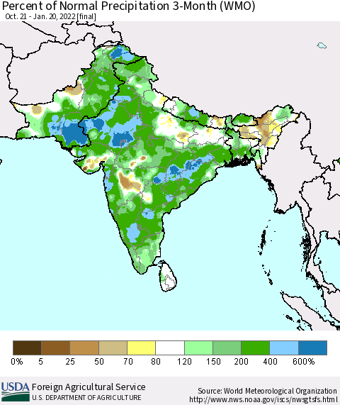 Southern Asia Percent of Normal Precipitation 3-Month (WMO) Thematic Map For 10/21/2021 - 1/20/2022