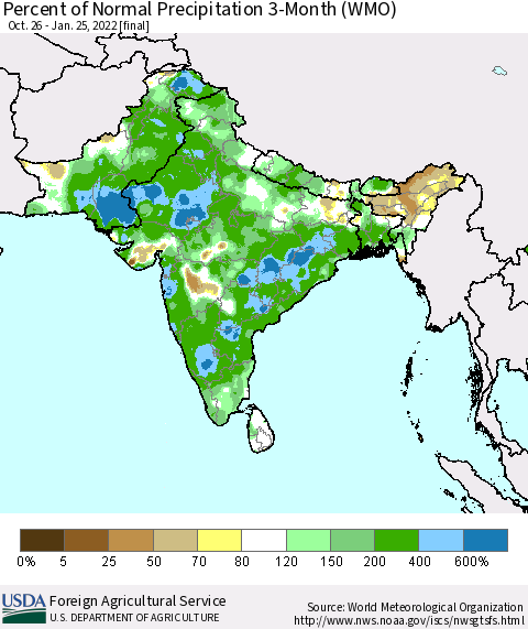 Southern Asia Percent of Normal Precipitation 3-Month (WMO) Thematic Map For 10/26/2021 - 1/25/2022