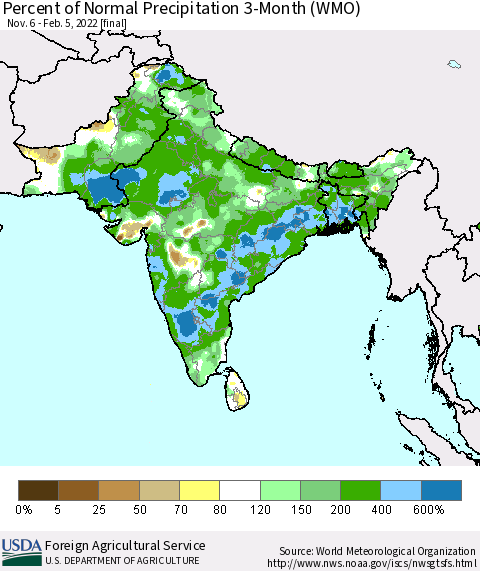 Southern Asia Percent of Normal Precipitation 3-Month (WMO) Thematic Map For 11/6/2021 - 2/5/2022