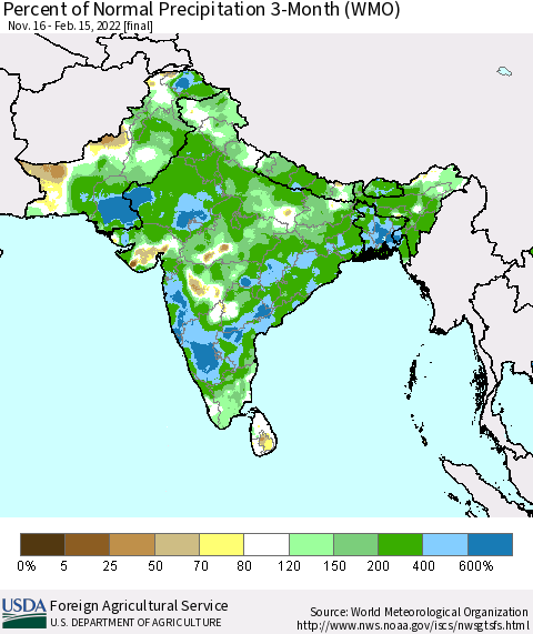 Southern Asia Percent of Normal Precipitation 3-Month (WMO) Thematic Map For 11/16/2021 - 2/15/2022
