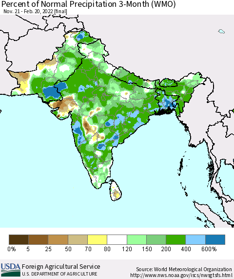 Southern Asia Percent of Normal Precipitation 3-Month (WMO) Thematic Map For 11/21/2021 - 2/20/2022
