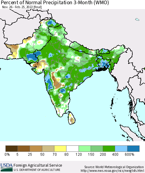 Southern Asia Percent of Normal Precipitation 3-Month (WMO) Thematic Map For 11/26/2021 - 2/25/2022