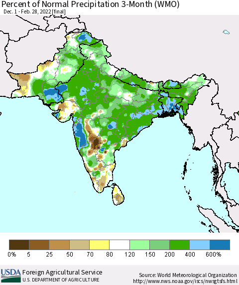 Southern Asia Percent of Normal Precipitation 3-Month (WMO) Thematic Map For 12/1/2021 - 2/28/2022