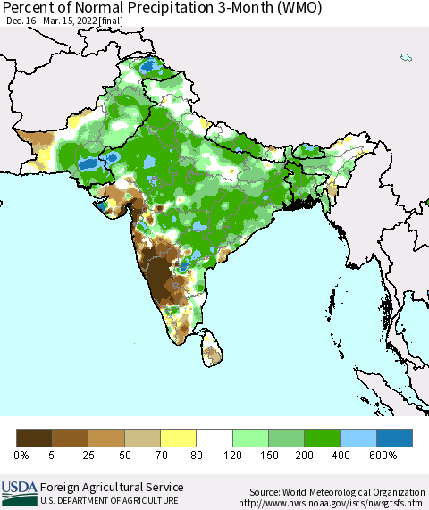 Southern Asia Percent of Normal Precipitation 3-Month (WMO) Thematic Map For 12/16/2021 - 3/15/2022