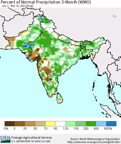 Southern Asia Percent of Normal Precipitation 3-Month (WMO) Thematic Map For 1/1/2022 - 3/31/2022