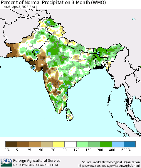 Southern Asia Percent of Normal Precipitation 3-Month (WMO) Thematic Map For 1/6/2022 - 4/5/2022