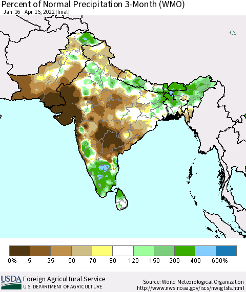 Southern Asia Percent of Normal Precipitation 3-Month (WMO) Thematic Map For 1/16/2022 - 4/15/2022
