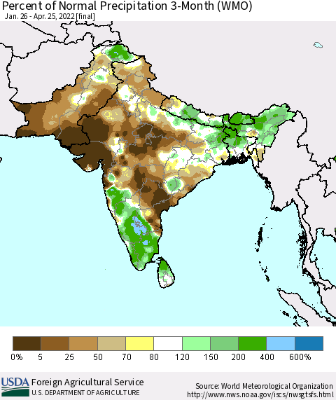 Southern Asia Percent of Normal Precipitation 3-Month (WMO) Thematic Map For 1/26/2022 - 4/25/2022