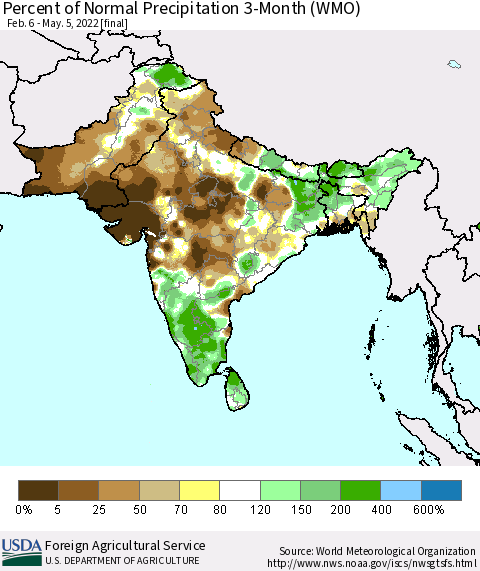 Southern Asia Percent of Normal Precipitation 3-Month (WMO) Thematic Map For 2/6/2022 - 5/5/2022