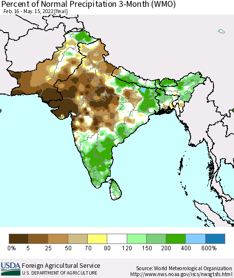 Southern Asia Percent of Normal Precipitation 3-Month (WMO) Thematic Map For 2/16/2022 - 5/15/2022