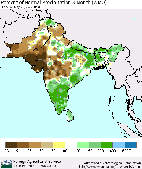 Southern Asia Percent of Normal Precipitation 3-Month (WMO) Thematic Map For 2/26/2022 - 5/25/2022