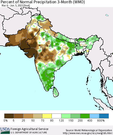 Southern Asia Percent of Normal Precipitation 3-Month (WMO) Thematic Map For 3/6/2022 - 6/5/2022