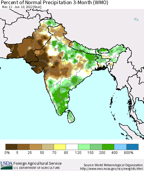 Southern Asia Percent of Normal Precipitation 3-Month (WMO) Thematic Map For 3/11/2022 - 6/10/2022