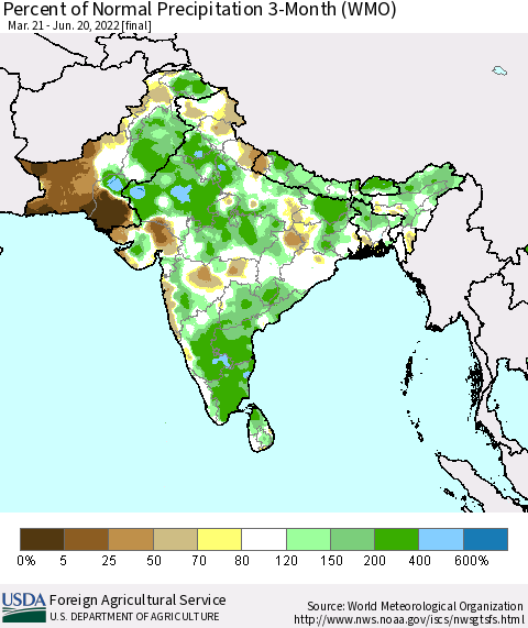 Southern Asia Percent of Normal Precipitation 3-Month (WMO) Thematic Map For 3/21/2022 - 6/20/2022